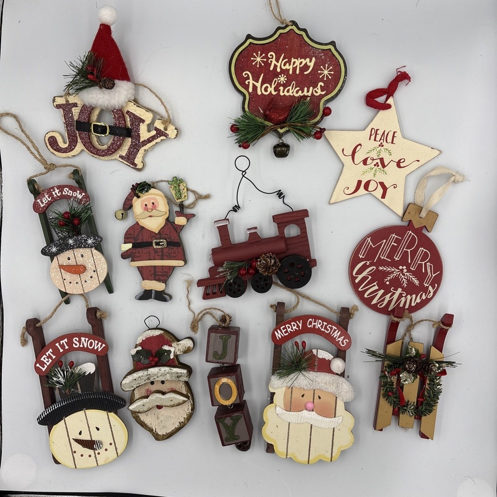 Lot 12 Christmas Tree Ornaments Wooden Rustic Santa Snowman  Train Sled Misc Lot